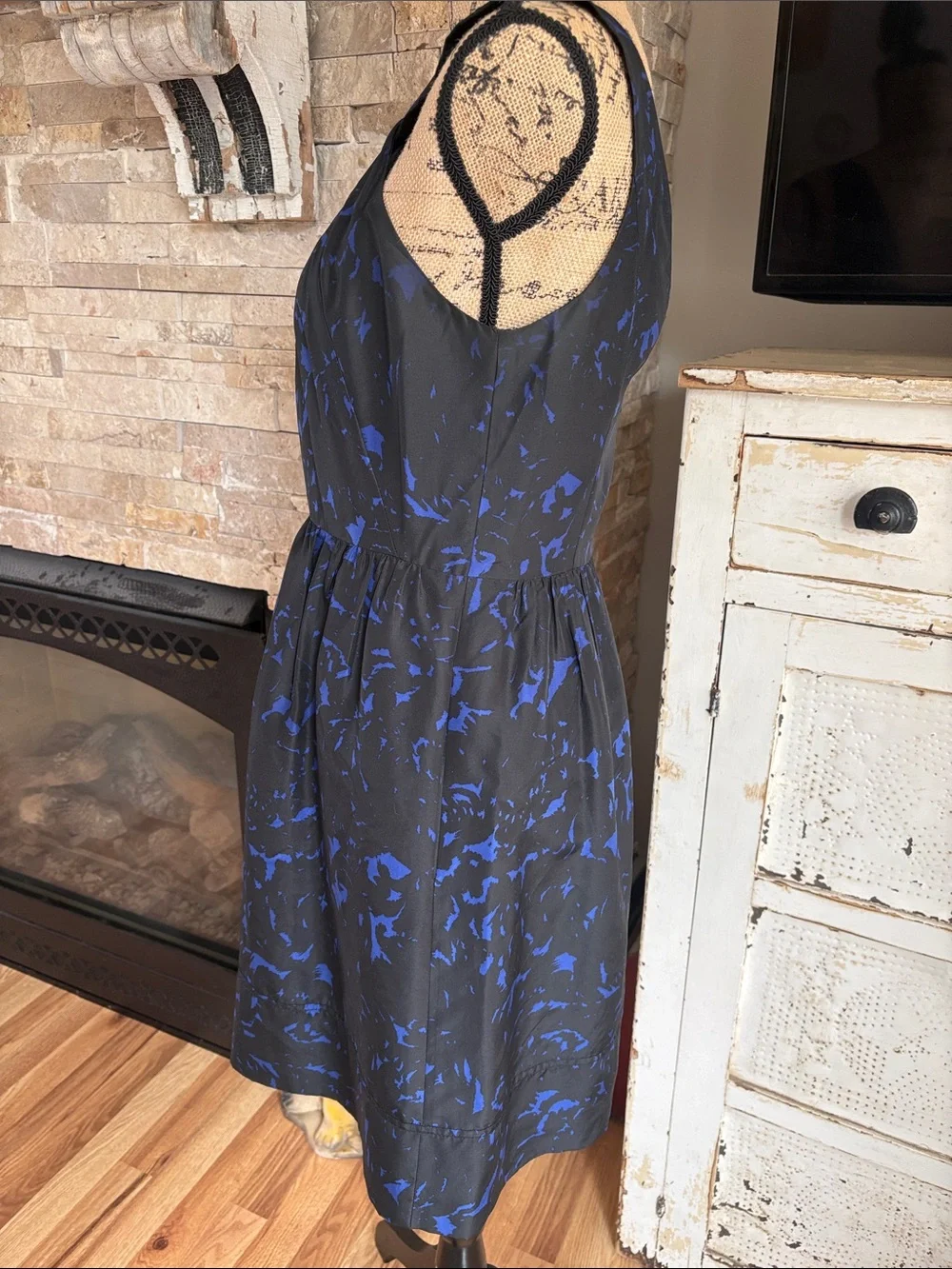 J. Crew 100% silk black and blue sleeveless dress featuring gathered halter neck